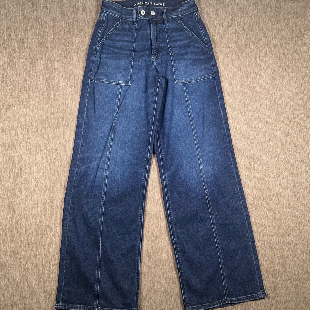 American Eagle Women 4 Dark Wash High Waisted Wide Leg Patch Pocket Seam Jeans